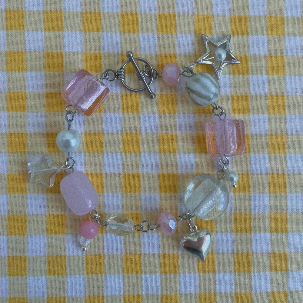 baby pink pearl star glass bead charm bracelet handmade lolita kawaii coquette